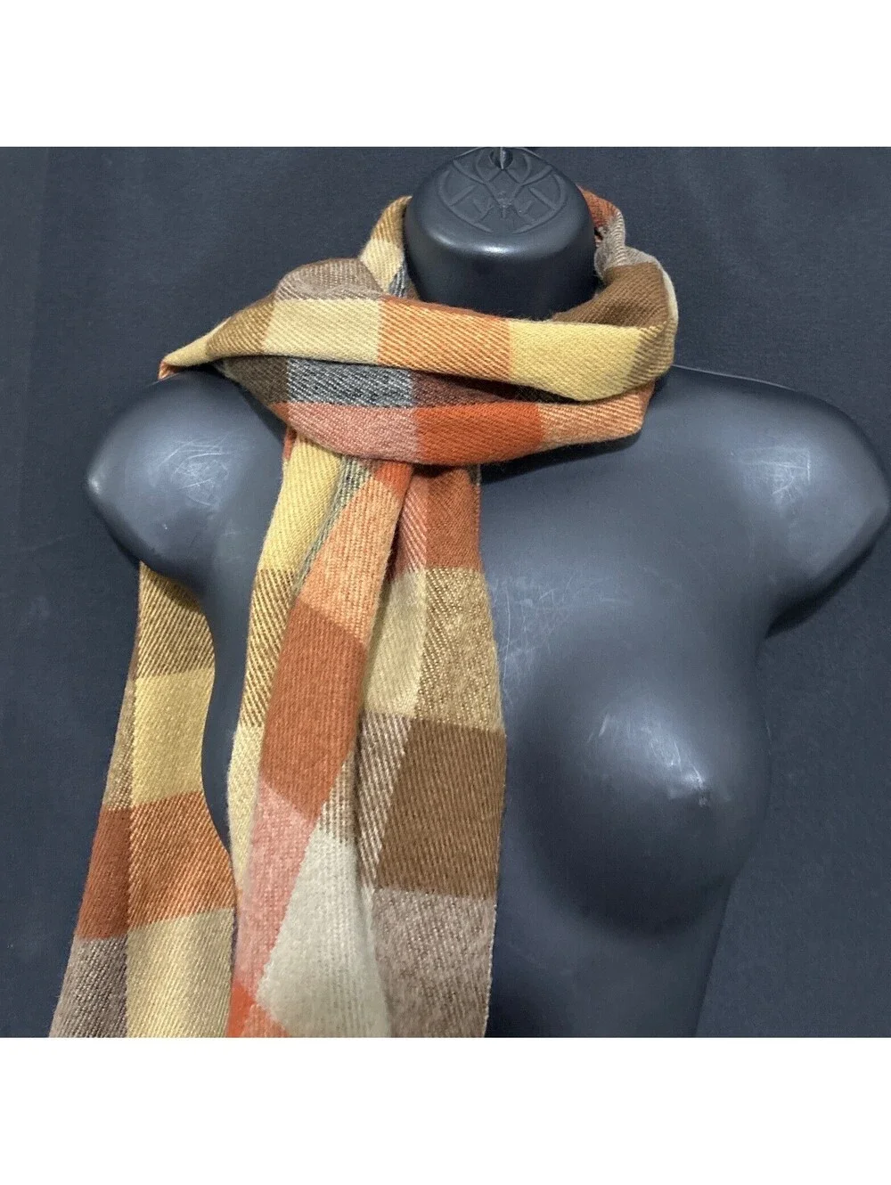 Jeffrey Banks Scarf Mens Chocolate Brown Orange Plaid Fringed Granola Gorpcore